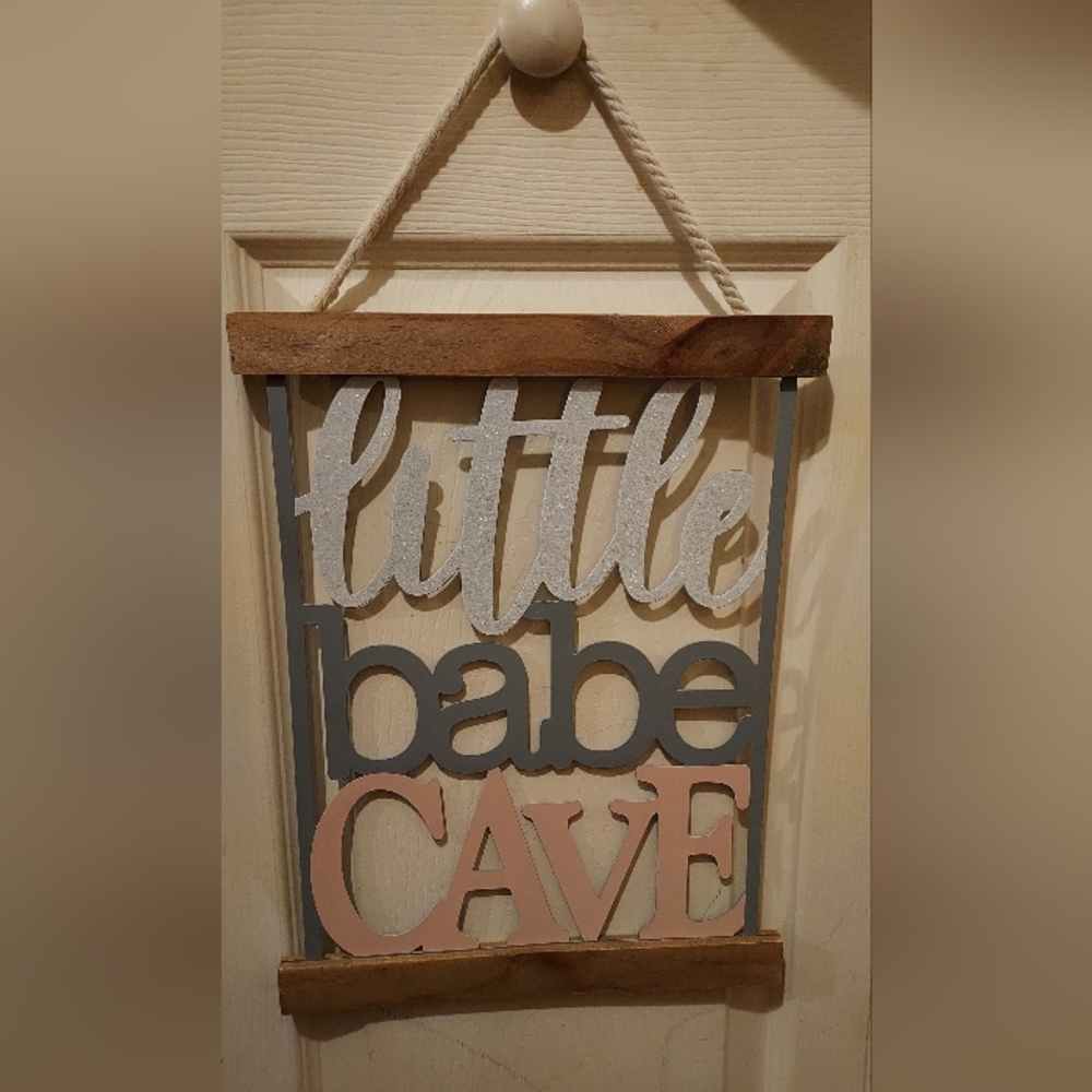 Little Babe Cave Room Door Wall Sign Plaque 14.75x11" Metal Wood Baby Nursery